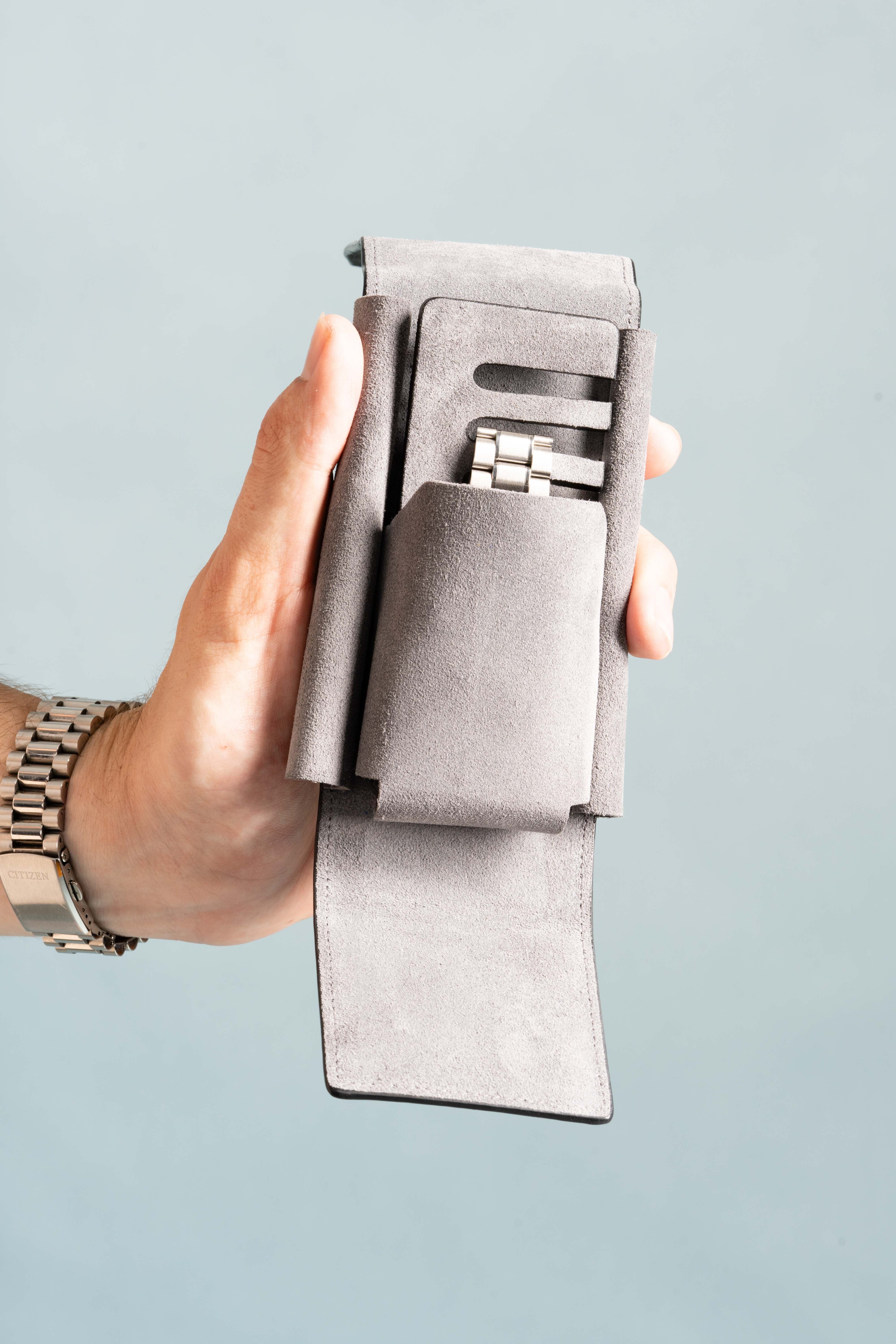 Black Togo & Gray Suede Leather Watch Case - Image 9