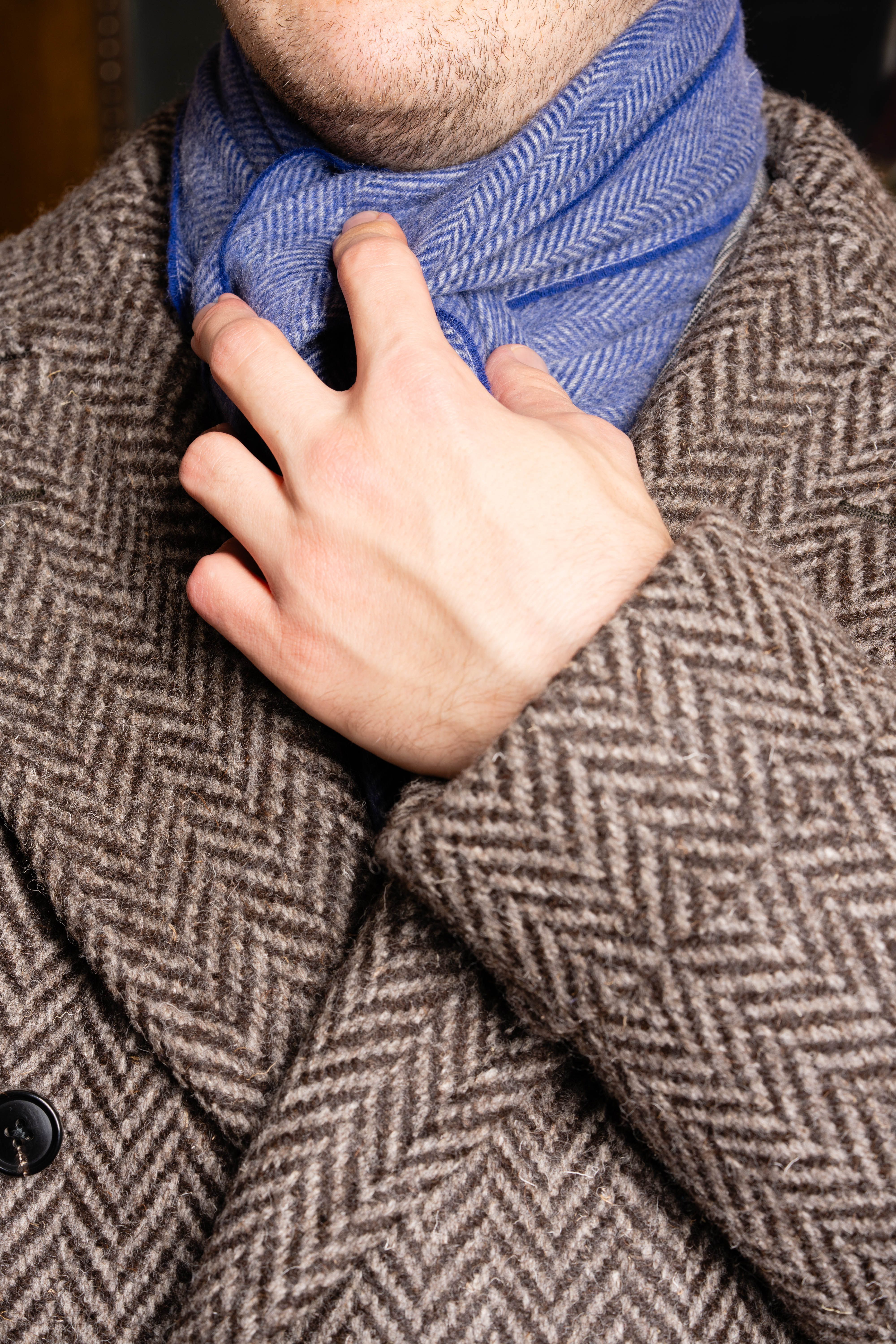 Blue Herringbone Cashmere Scarf - Image 4