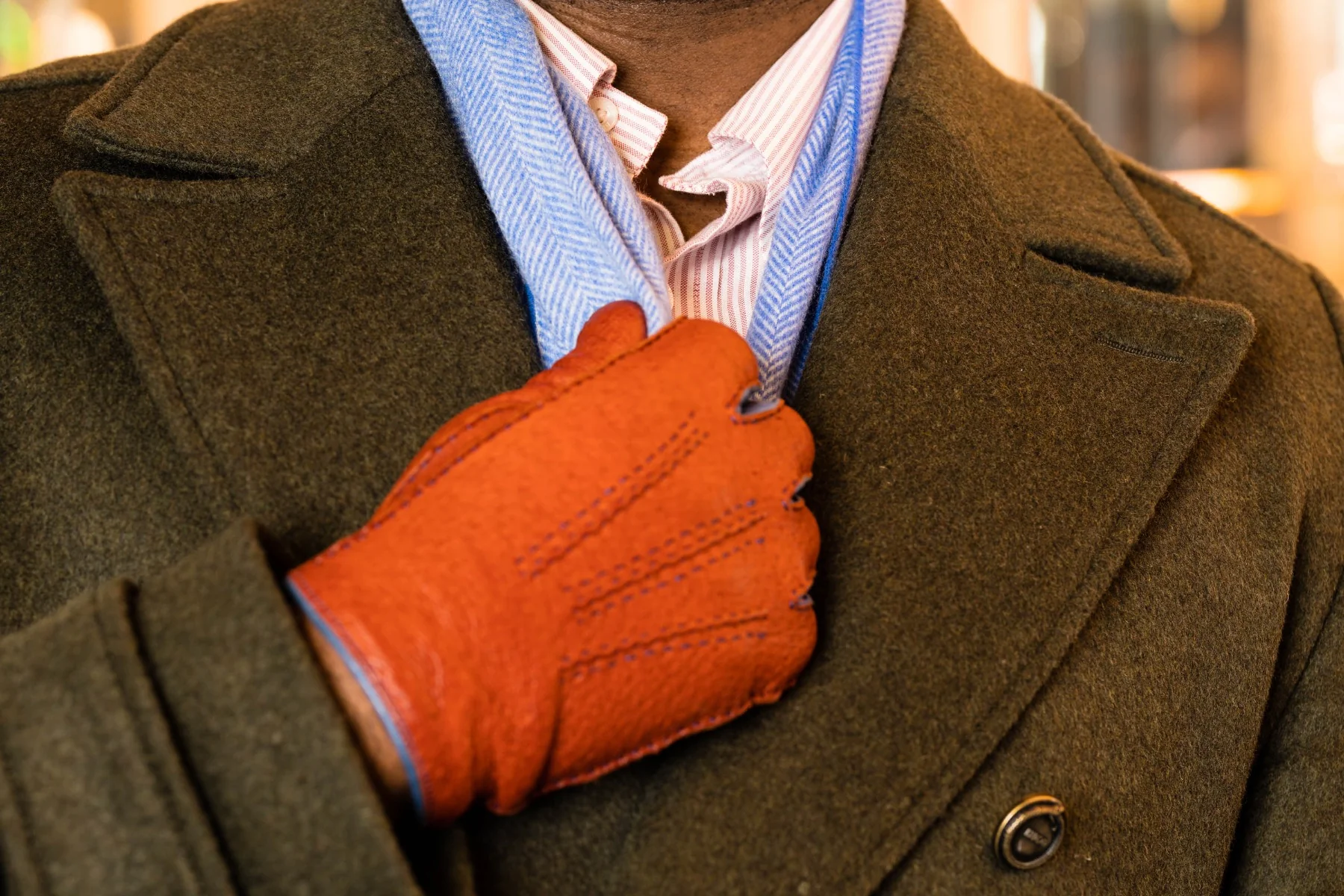 Brown & Blue Cashmere Lined Peccary Gloves - Image 10