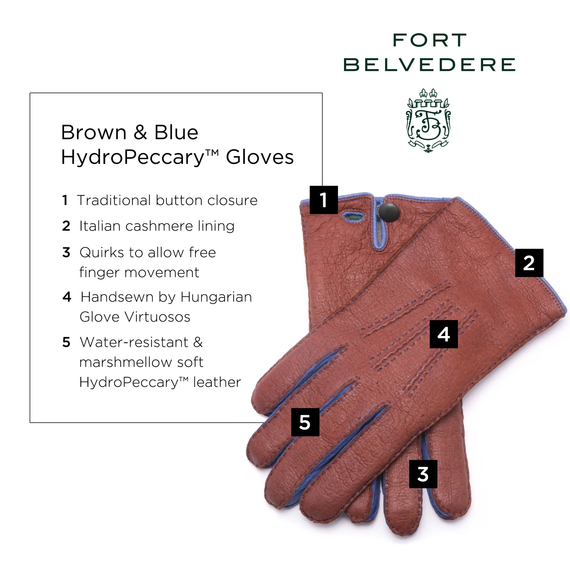 Brown & Blue Cashmere Lined Peccary Gloves - Image 3