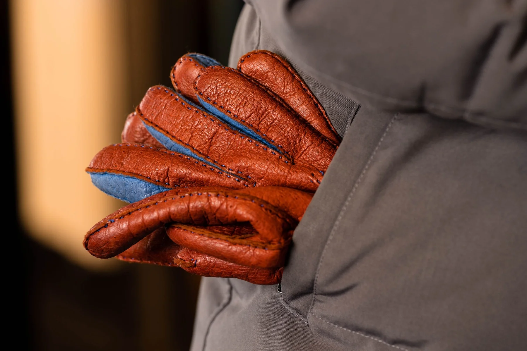 Brown & Blue Cashmere Lined Peccary Gloves - Image 8