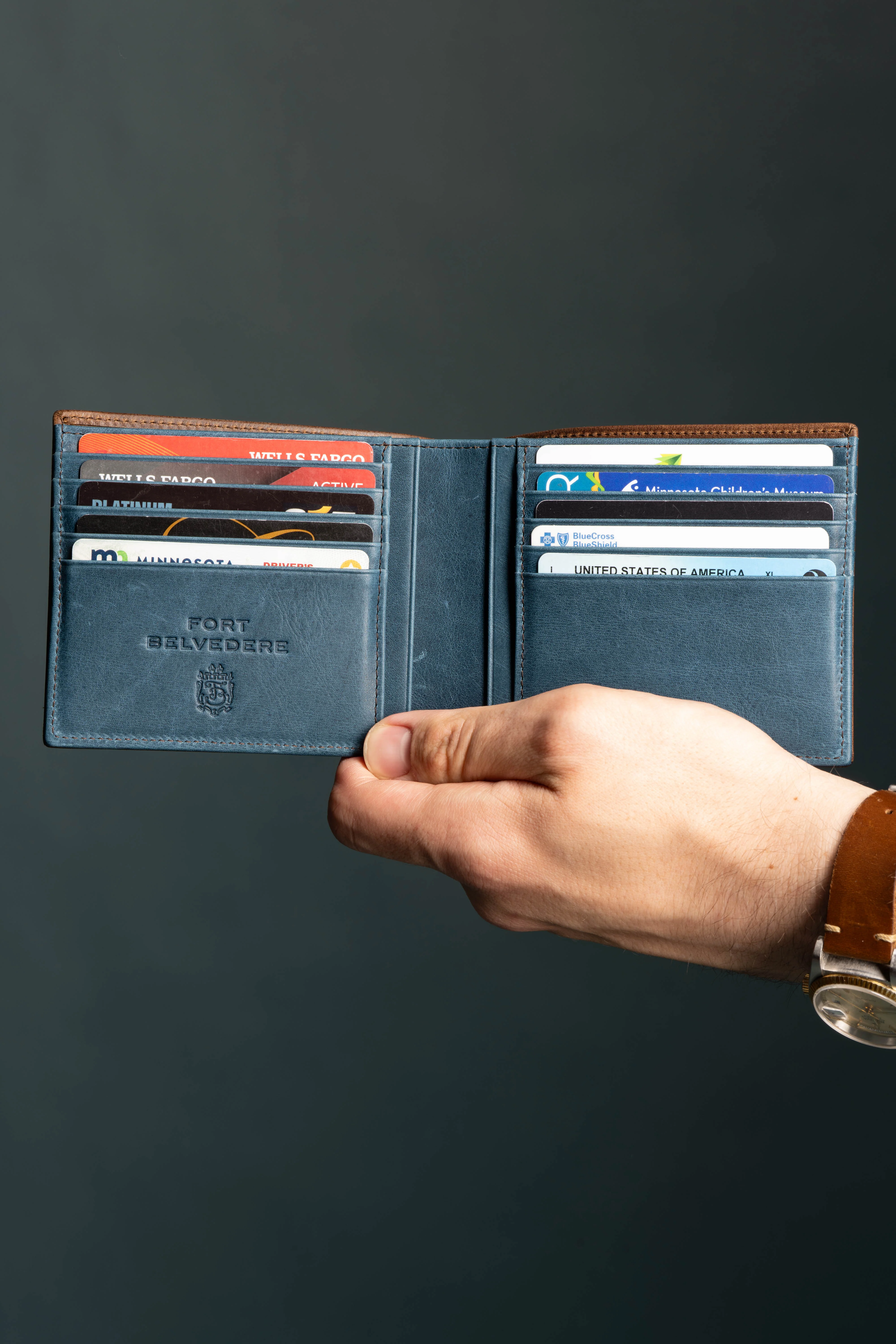 Classic 10 Card Bifold Mahogany & Blue Two Tone Leather Wallet - Image 10