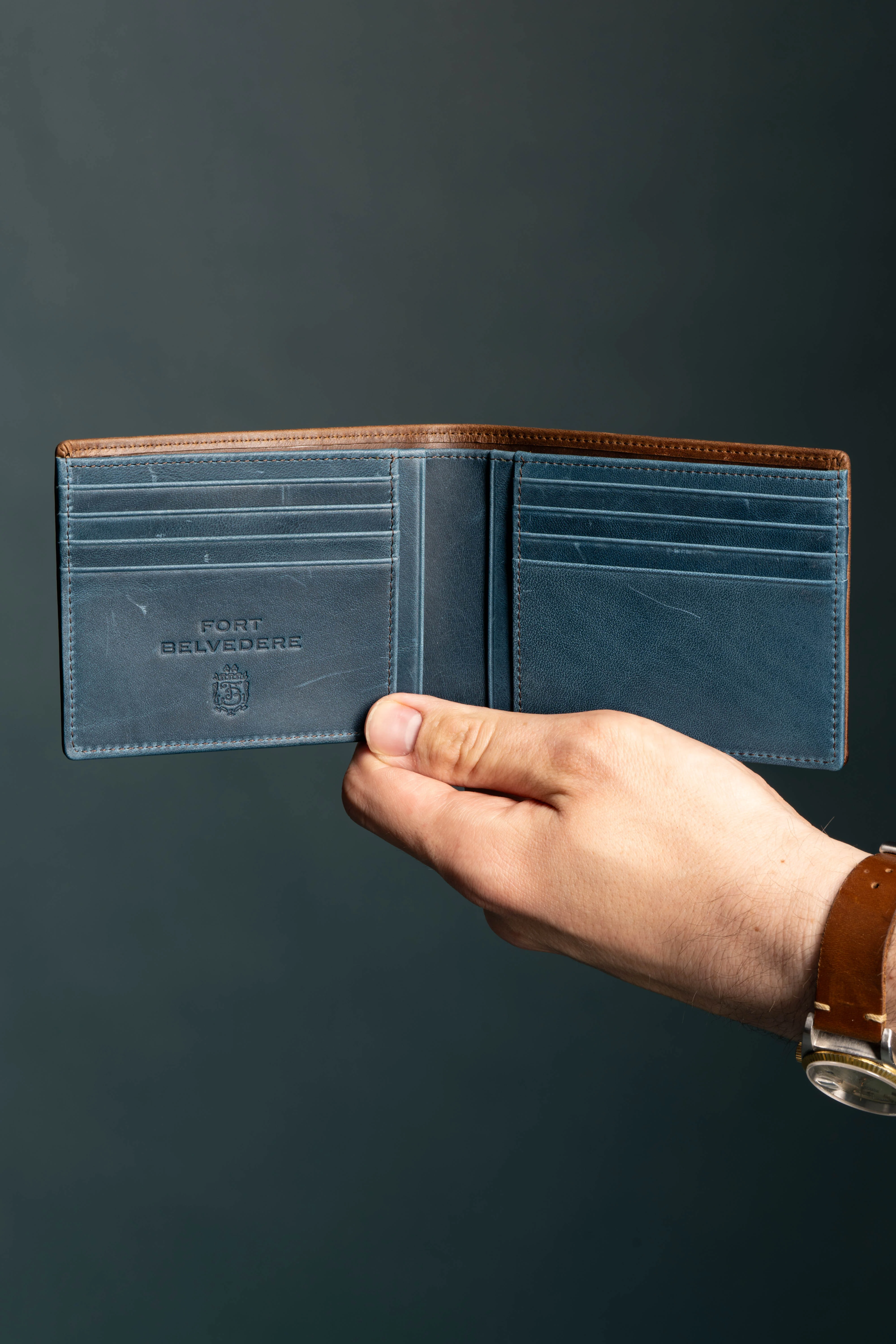 Classic 10 Card Bifold Mahogany & Blue Two Tone Leather Wallet - Image 20