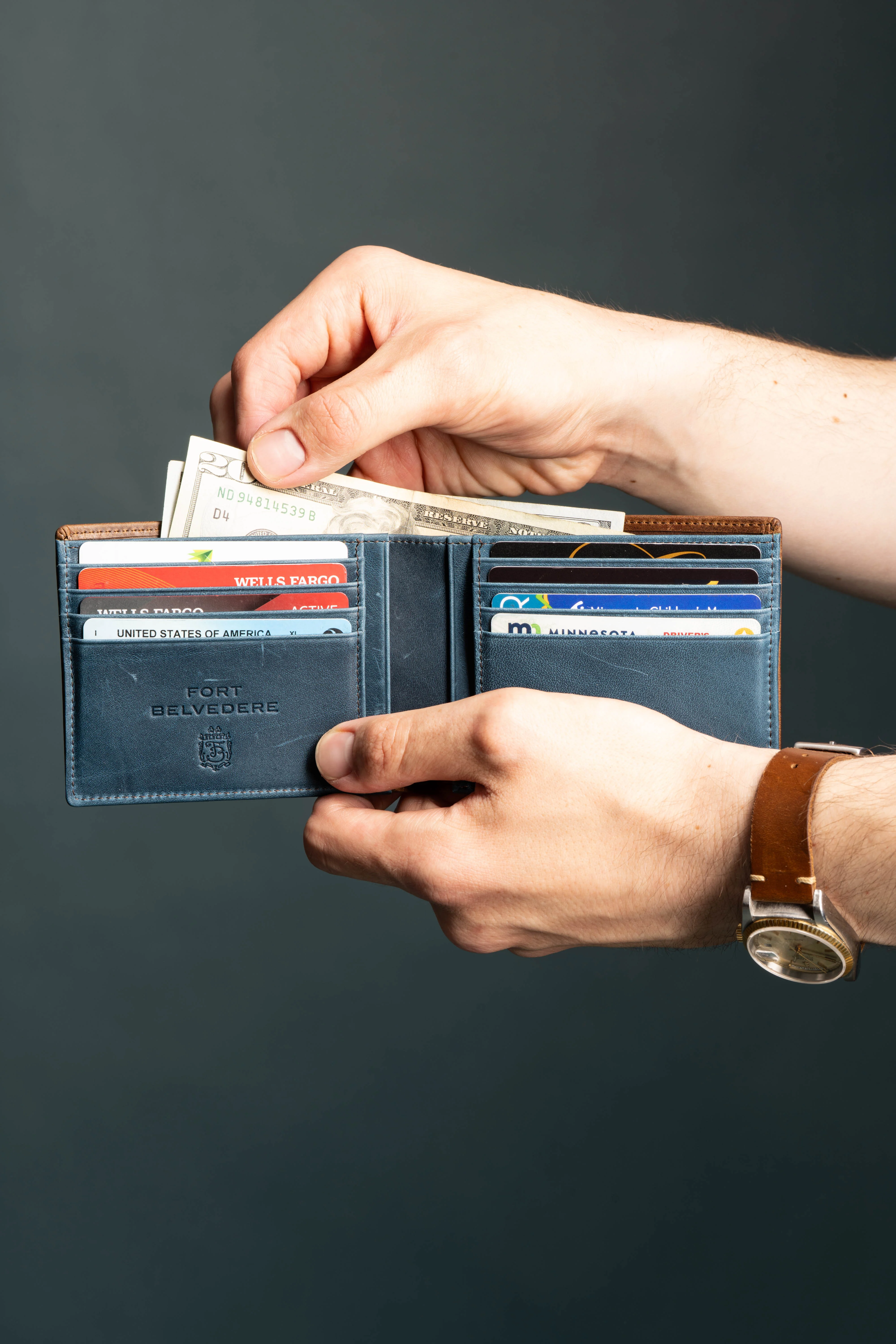 Classic 10 Card Bifold Mahogany & Blue Two Tone Leather Wallet - Image 22