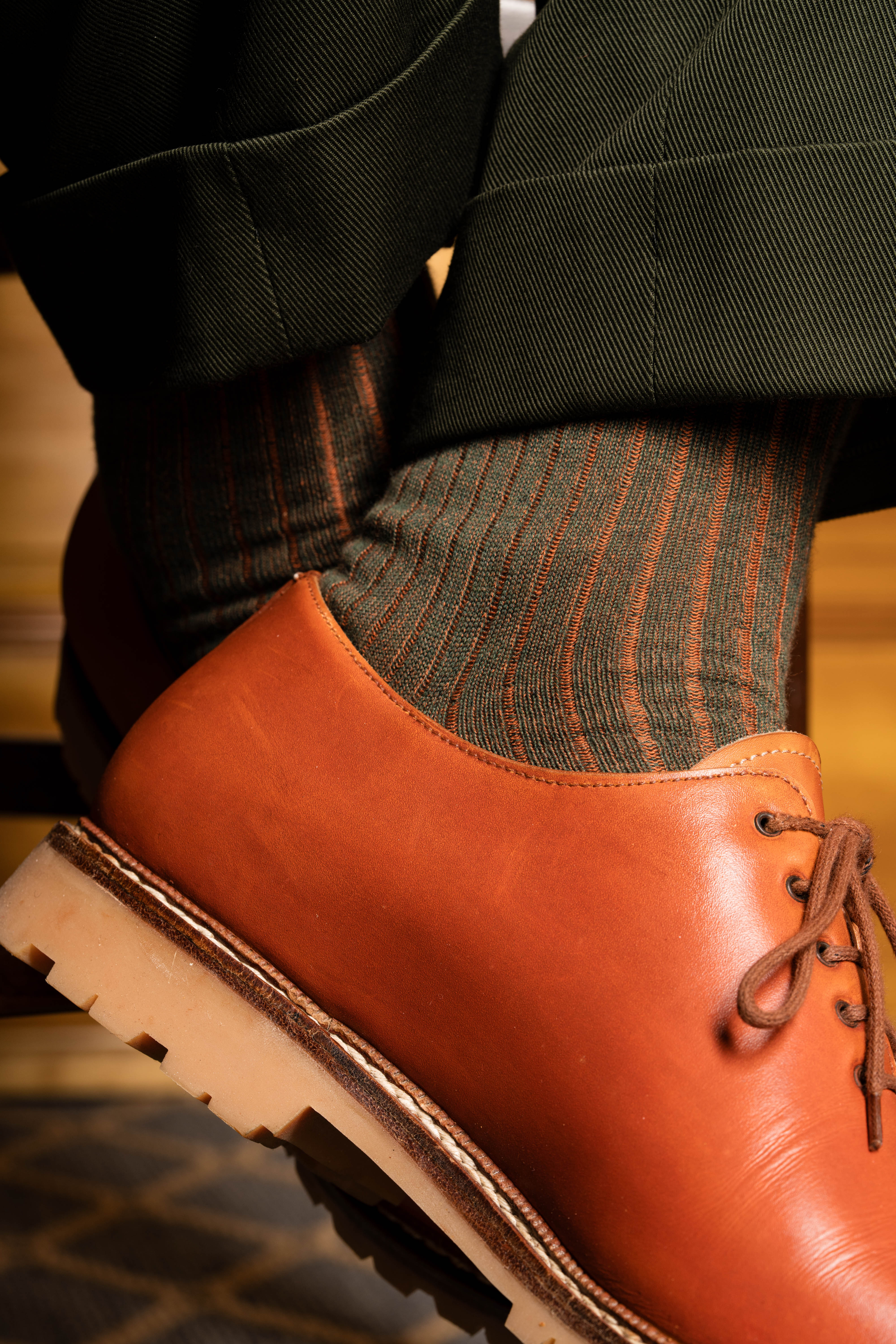 Dark Green & Orange Shadow Stripe Midweight Cotton Socks - Image 4