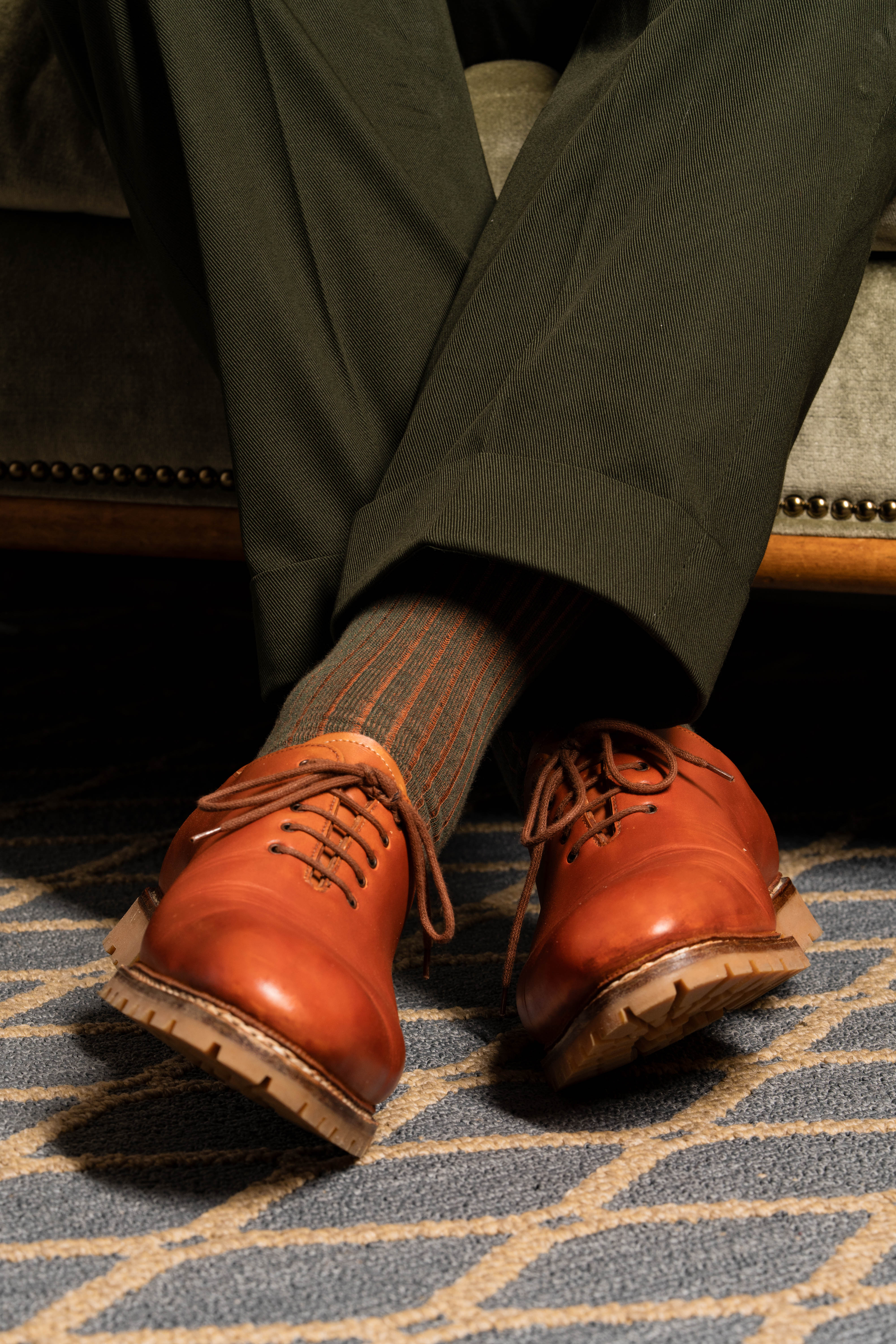 Dark Green & Orange Shadow Stripe Midweight Cotton Socks - Image 6