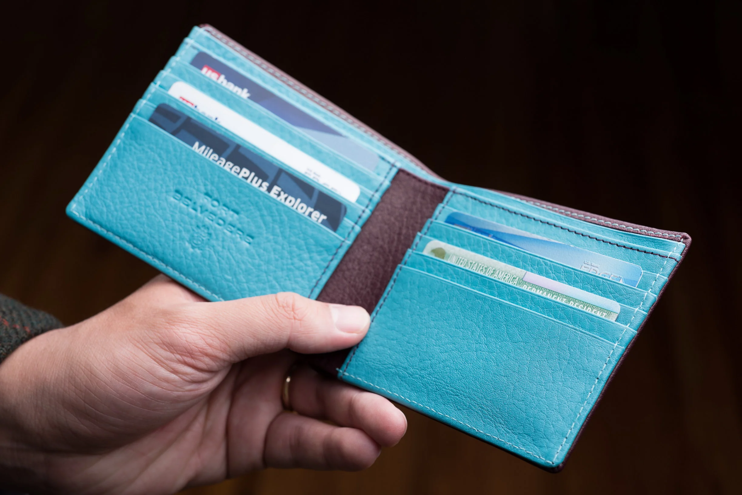 Burgundy & Turquoise 10 Card Deerskin Leather Wallet - Image 12