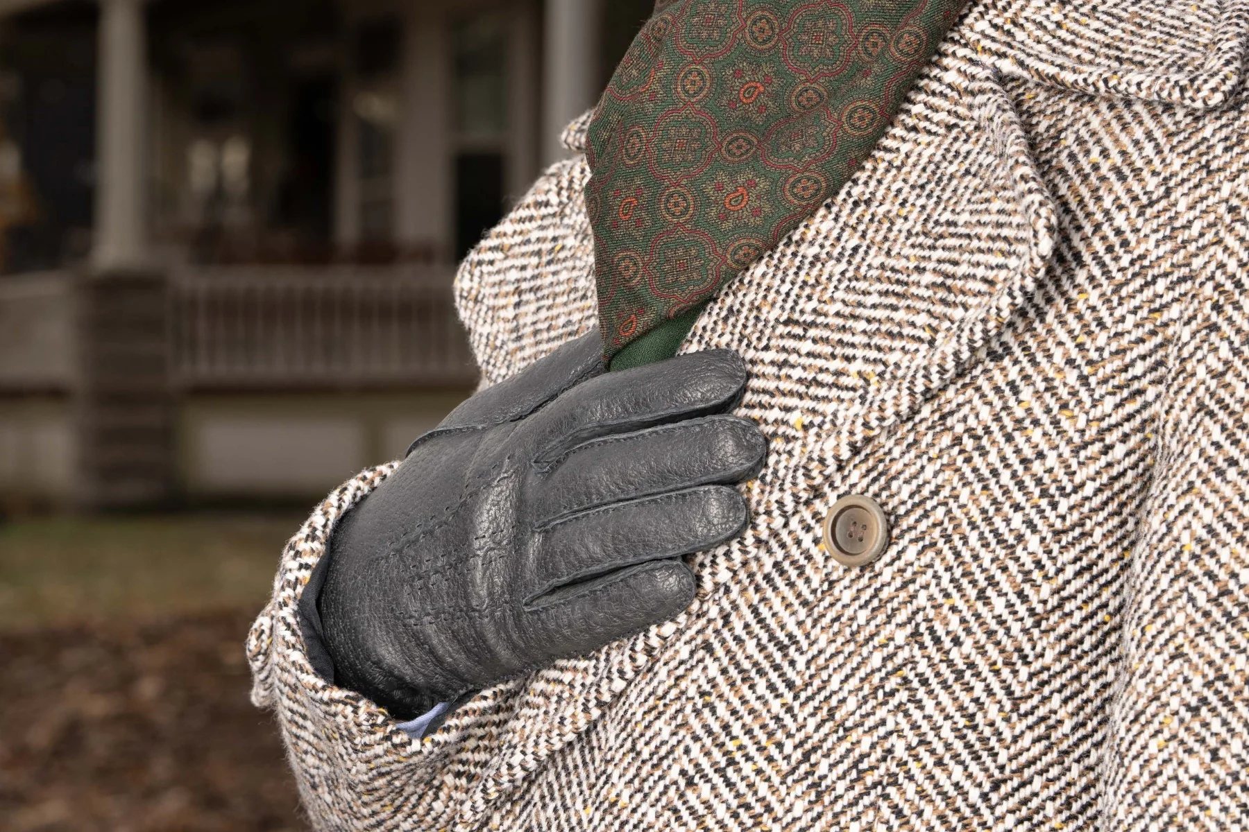 Charcoal Black Rabbit Fur Lined Peccary Gloves - Image 3