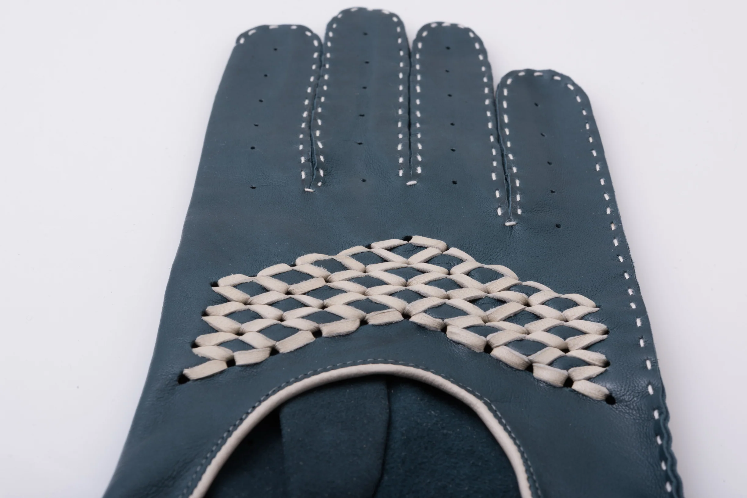 Petrol Blue & Cream Driving Gloves in Lamb Nappa Leather - Image 4