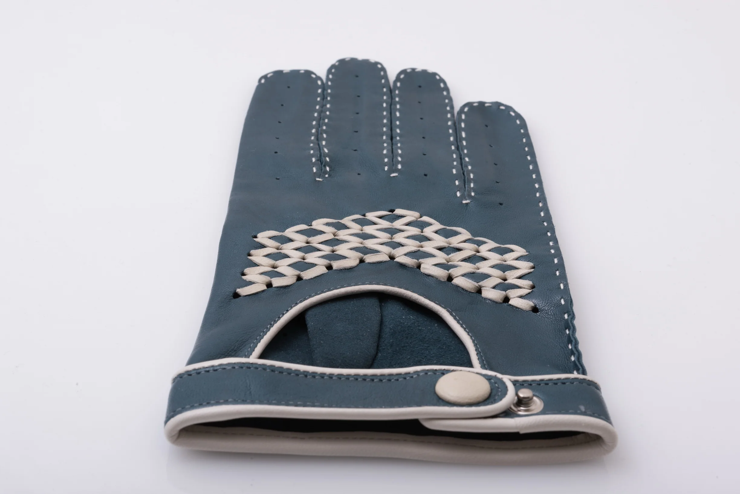 Petrol Blue & Cream Driving Gloves in Lamb Nappa Leather - Image 5