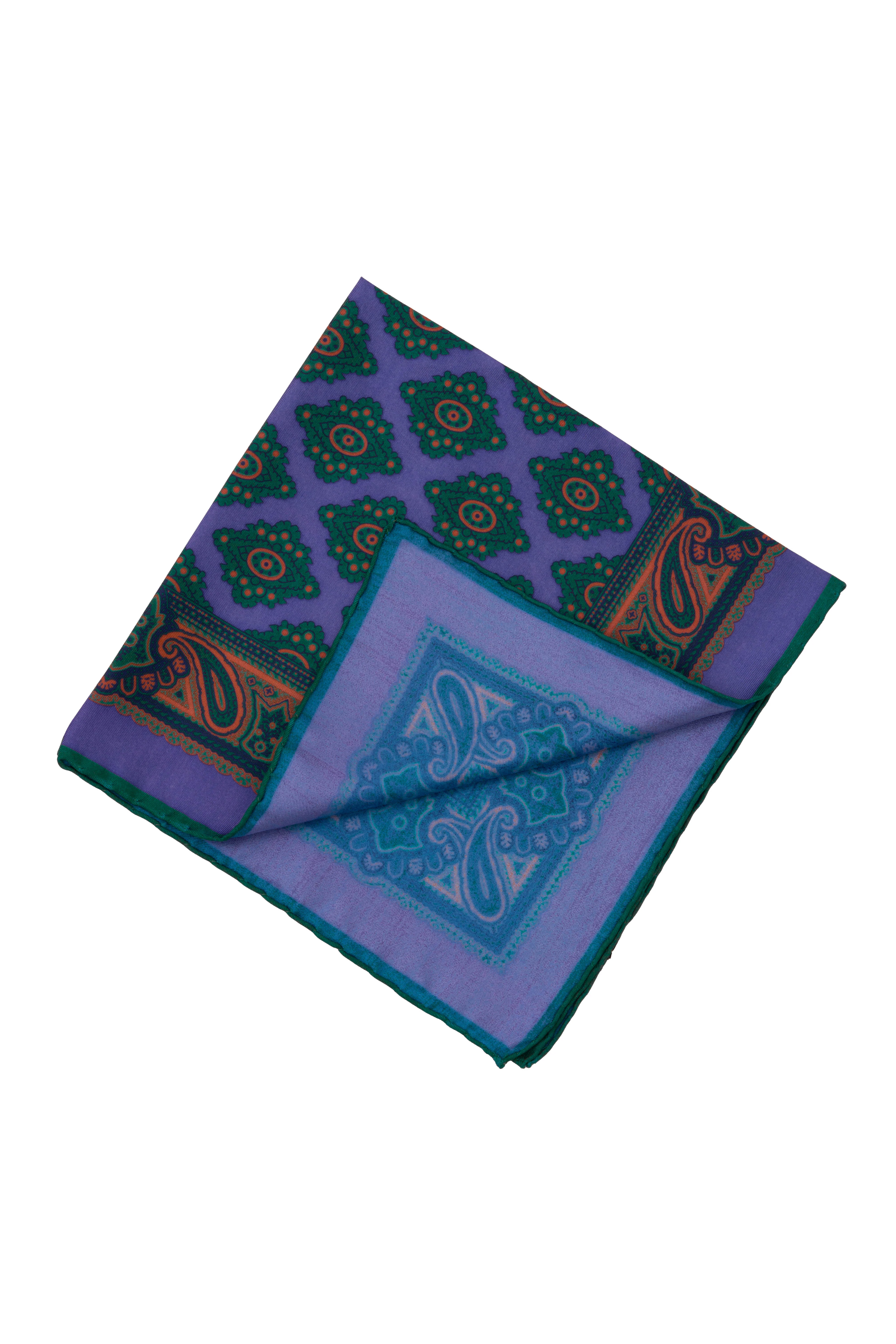 Purple Diamond and Paisley Green Contrast Edge Madder Silk Pocket Square - Image 3