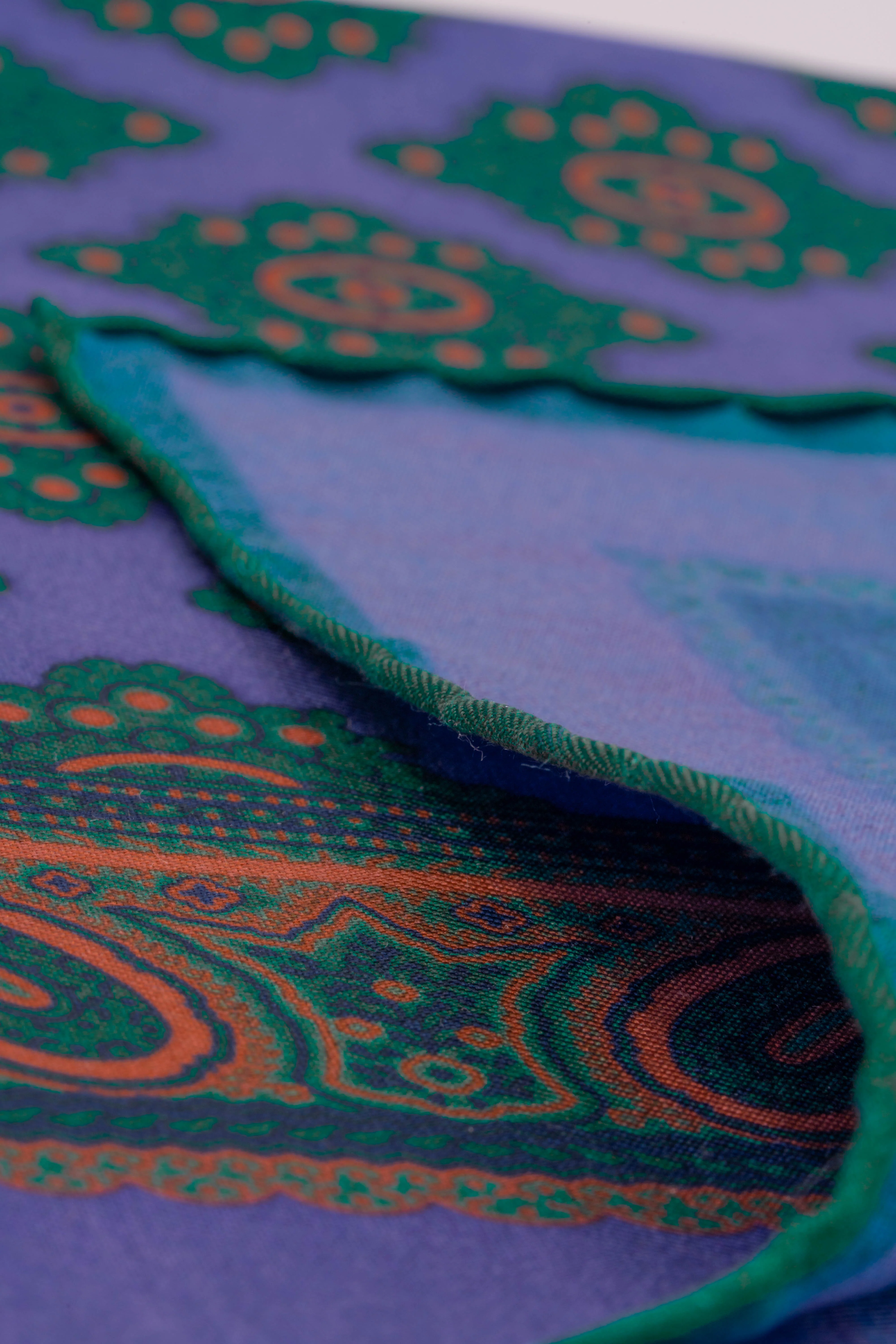 Purple Diamond and Paisley Green Contrast Edge Madder Silk Pocket Square - Image 4