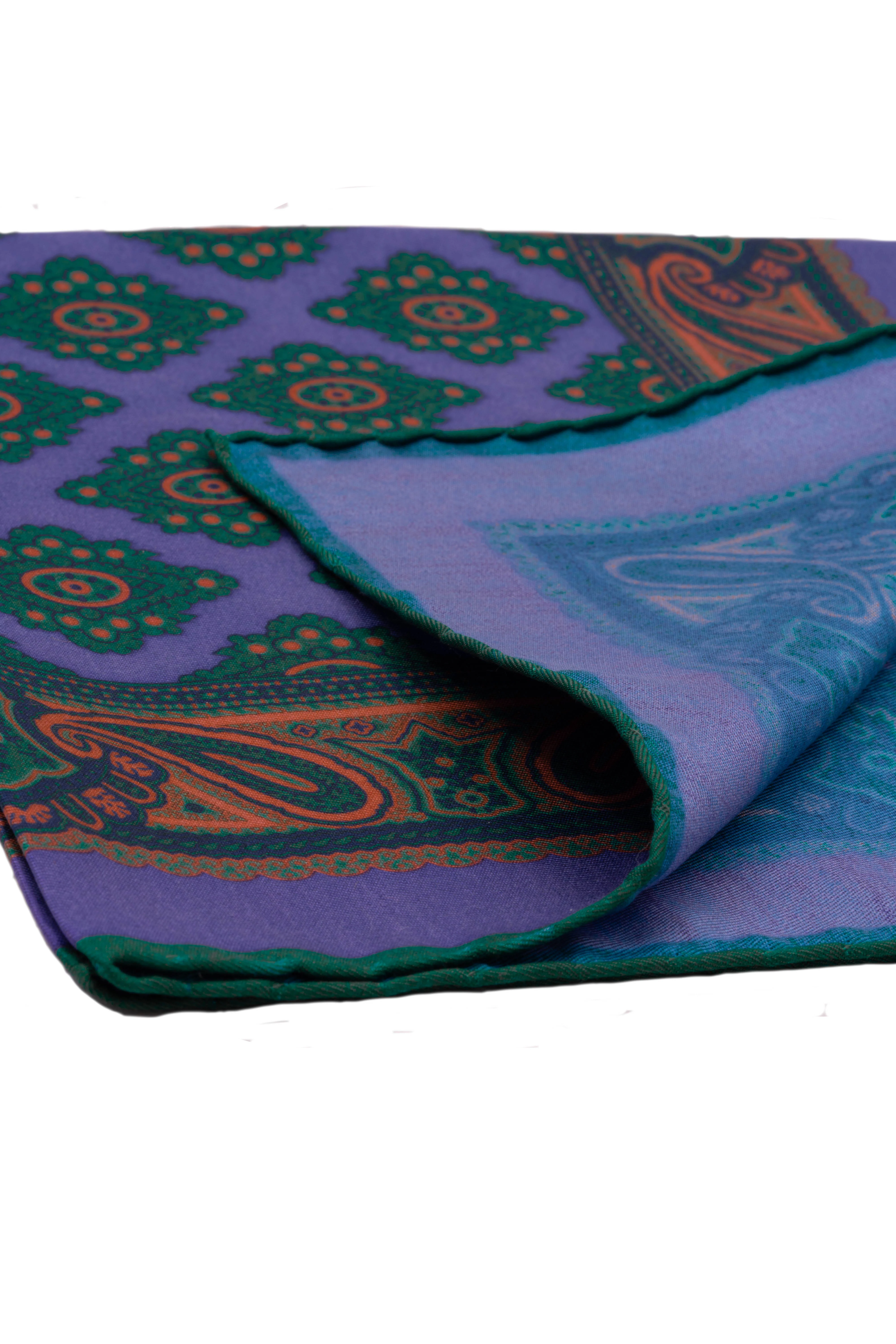 Purple Diamond and Paisley Green Contrast Edge Madder Silk Pocket Square - Image 5