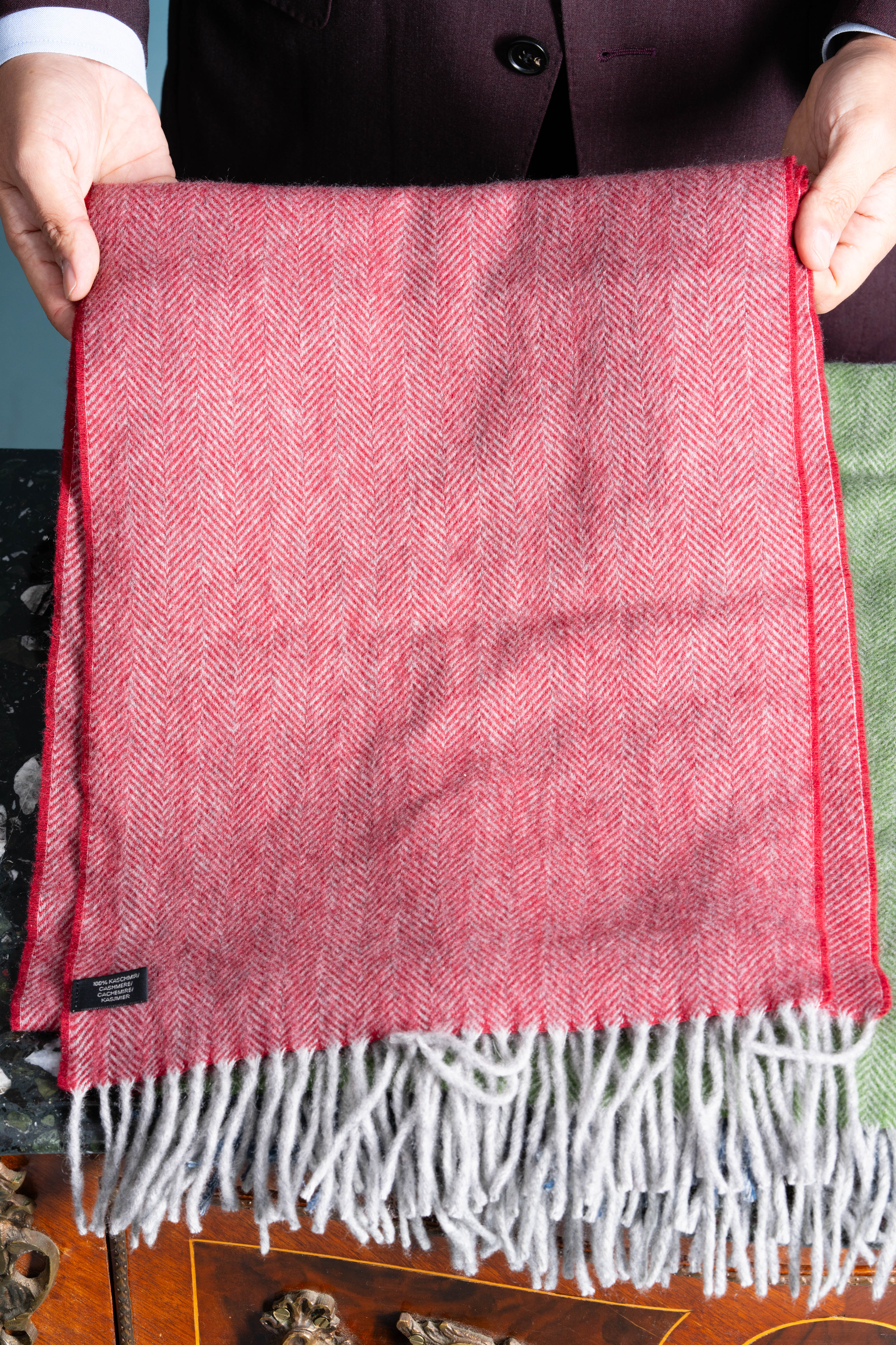 Red Herringbone Cashmere Scarf - Image 4