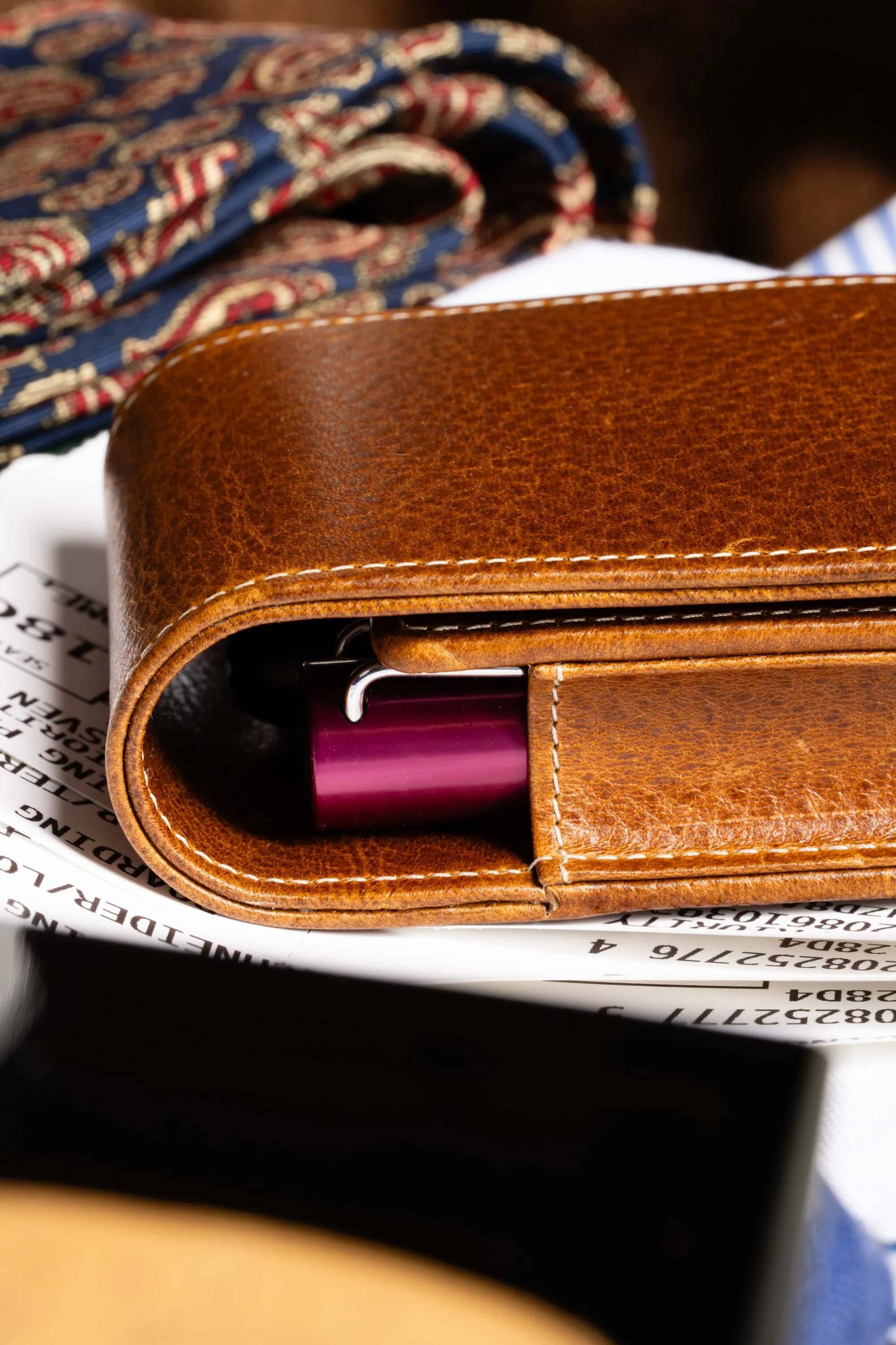 3-Pen Saddle Brown Dumont Full-Grain Leather Pen Case - Image 6