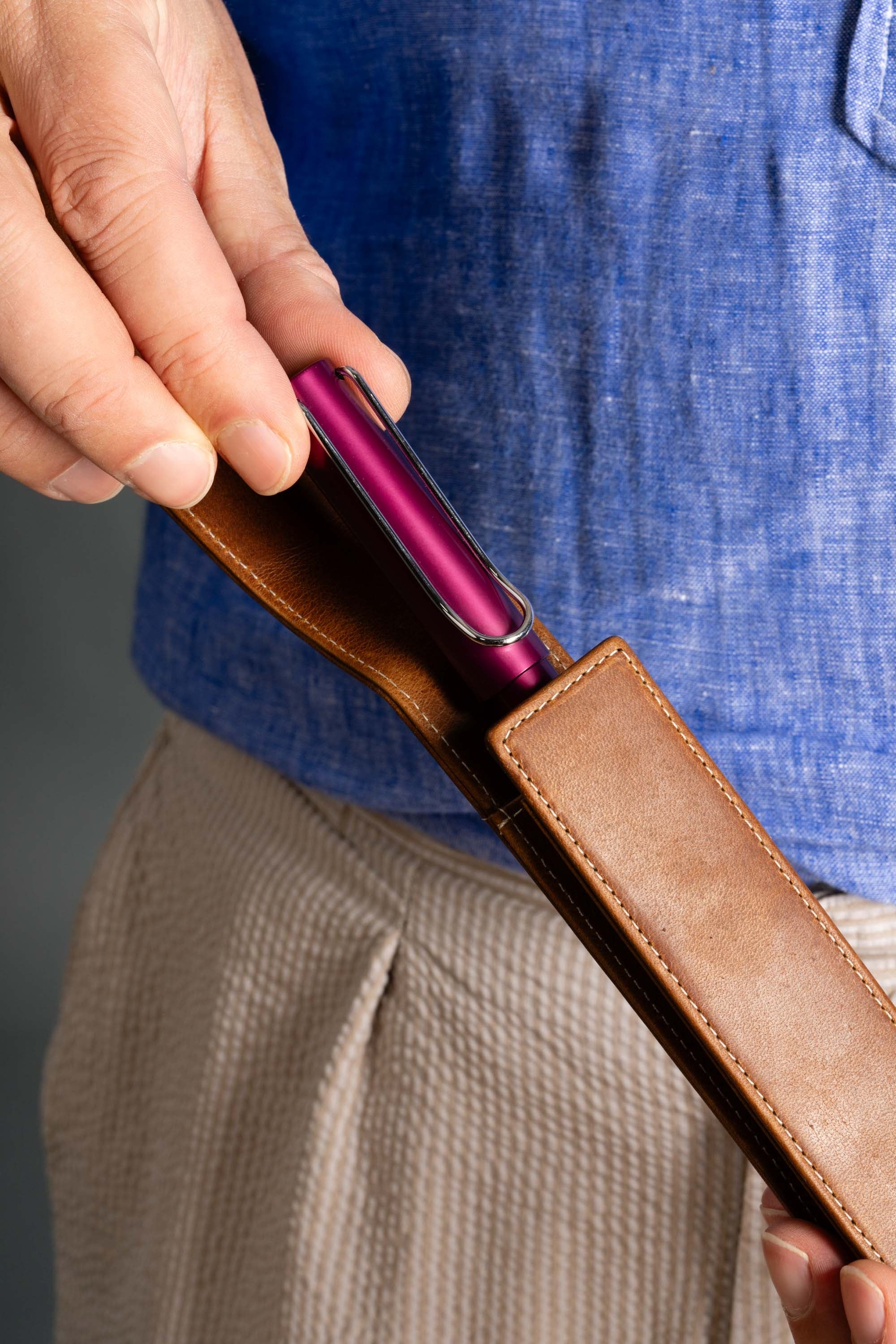 3-Pen Saddle Brown Montecristo Full-Grain Leather Pen Case - Image 19