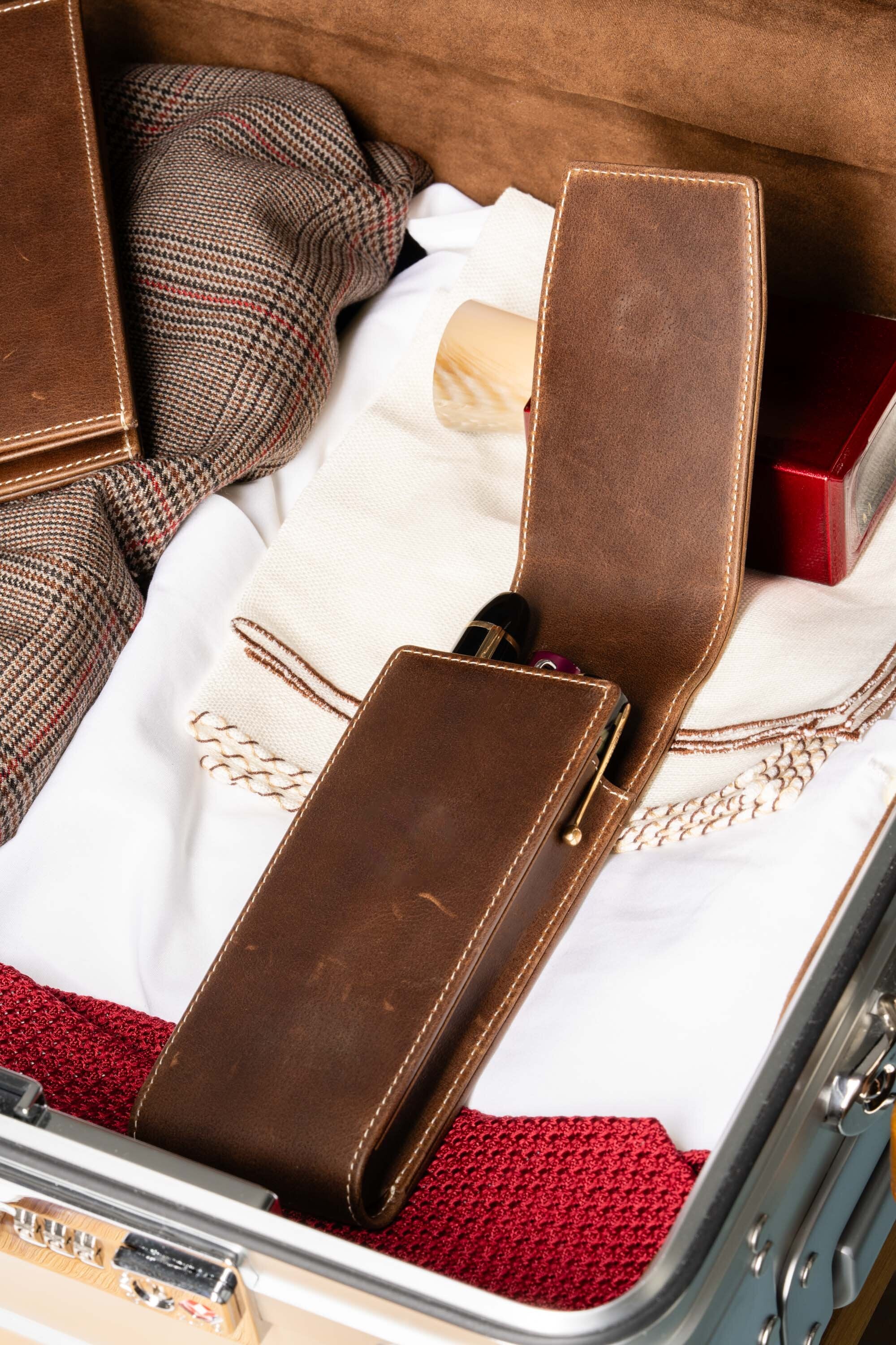 3-Pen Antique Mahogany Full-Grain Leather Pen Case - Image 7