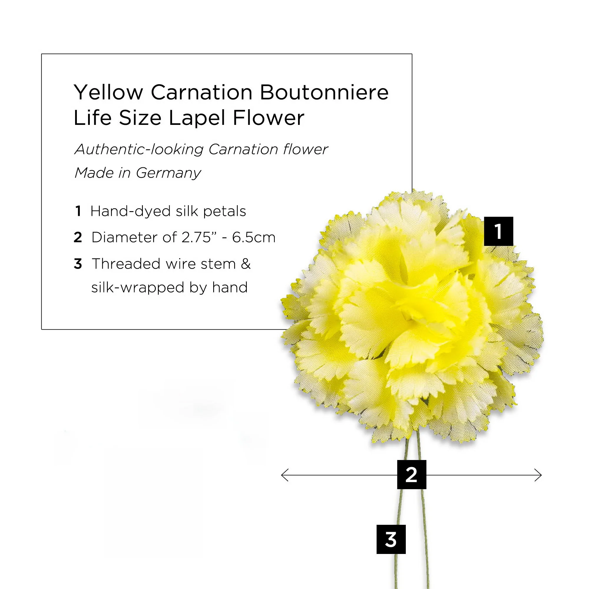 Life-Sized Bright Yellow Carnation Boutonnière Flower - Image 3
